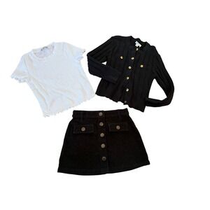 Crewcuts bundle girls scalloped white tshirt black mini skirt & cardigan sweater